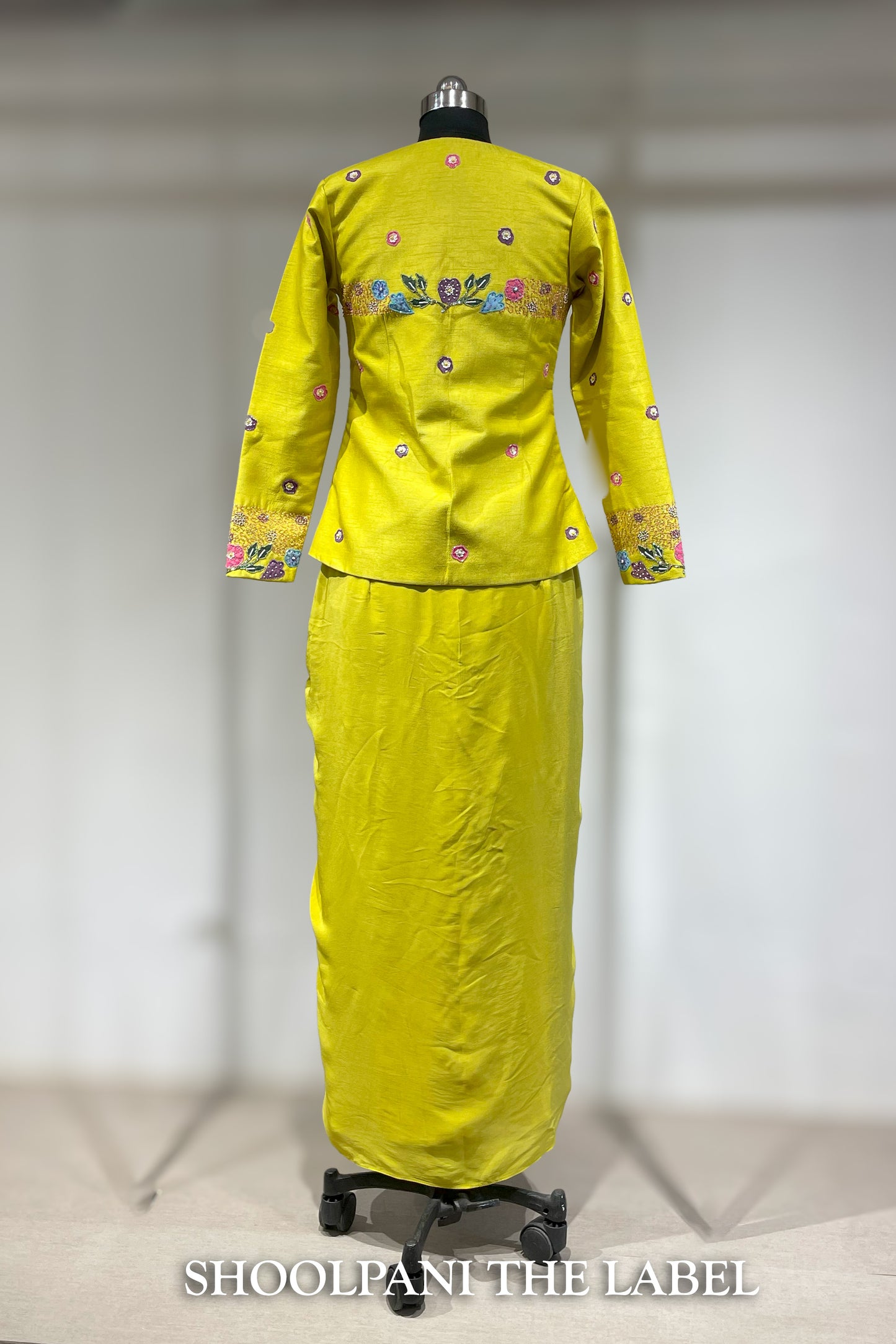 Sunlit Elegance: Lime Green Draped Skirt with Embroidered Peplum Jacket