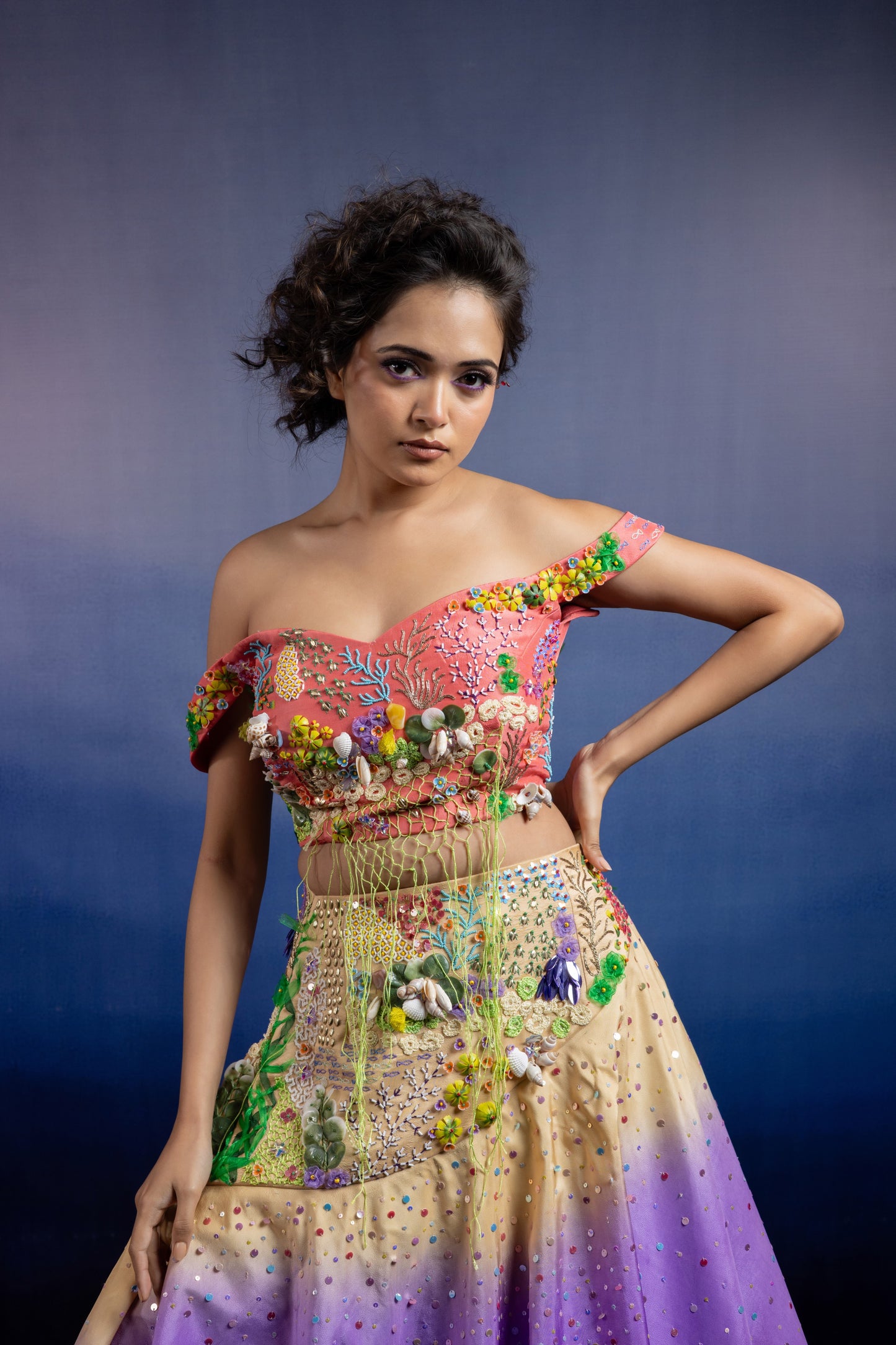 Neerah Tri-Tone Ombre Lehenga Set — Hand-Embroidered Drop-Shoulder Blouse & Shaded Flared Skirt