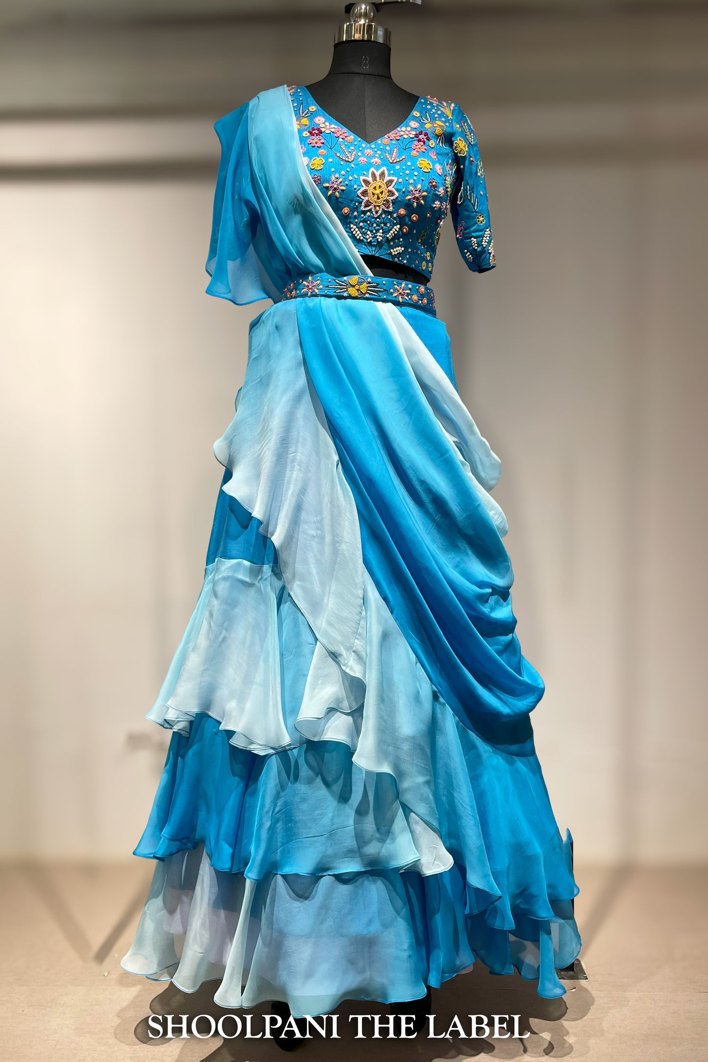 Shaded Blue Ruffle Saree Set