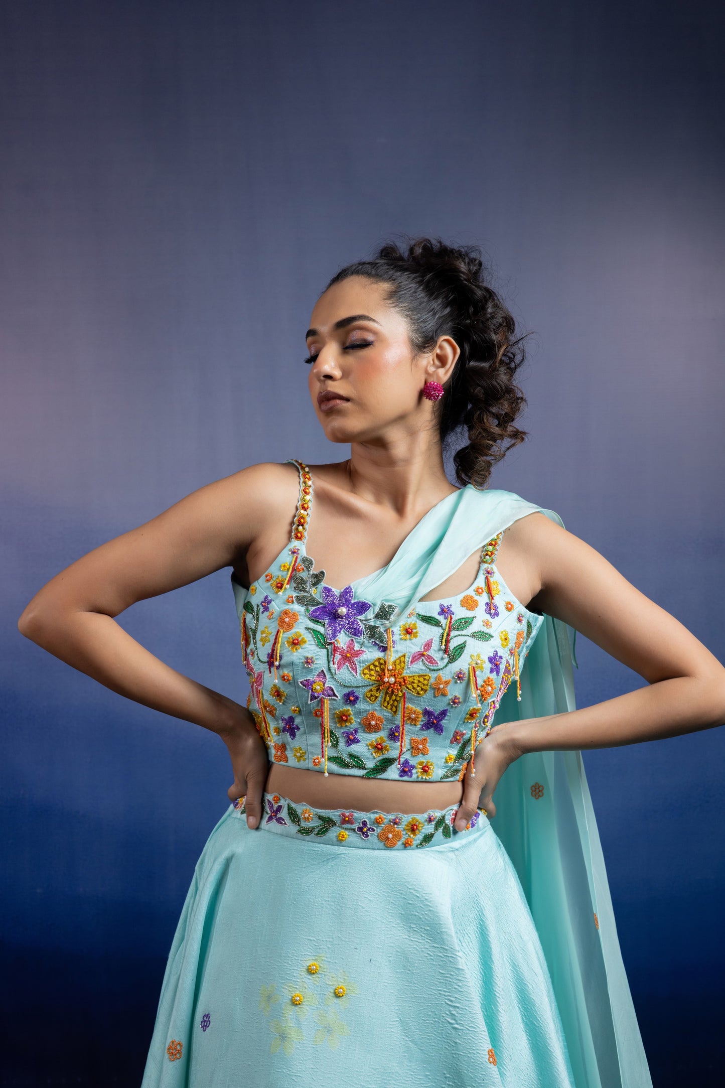 Aqua Silk Lehenga — Placed Floral Print with Hand Embroidery and Attached Dupatta