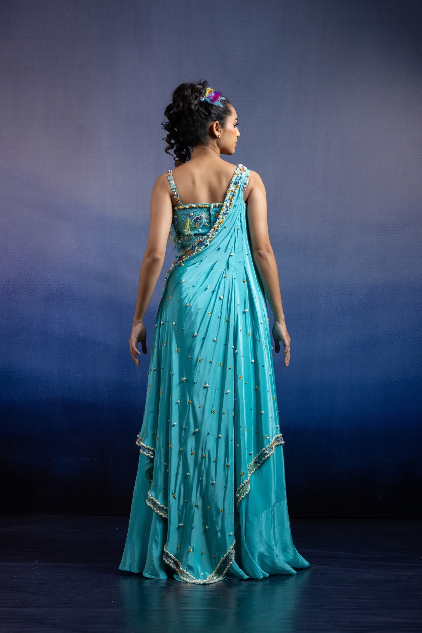 Aqua Carnival Lehenga set with Draped Dupatta