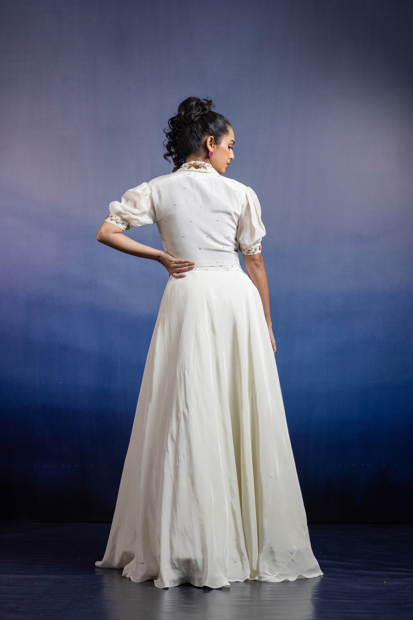 Tara Ivory Hand-Embroidered Uppada Silk Collared Lehenga Set