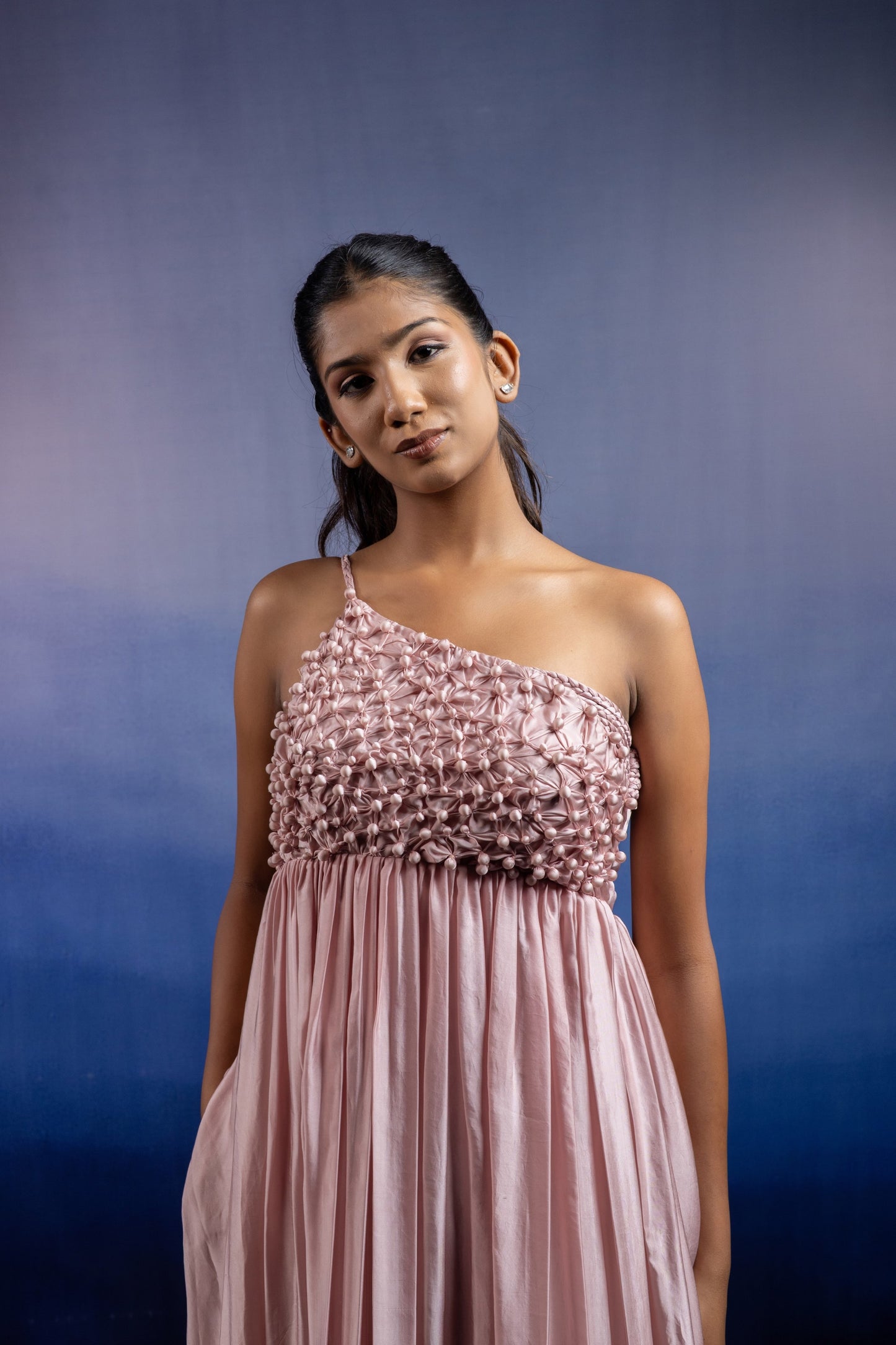 Nyra One-Shoulder Pleated Gown — Floor-Length Bemberg Satin Gown in Light Onion Pink