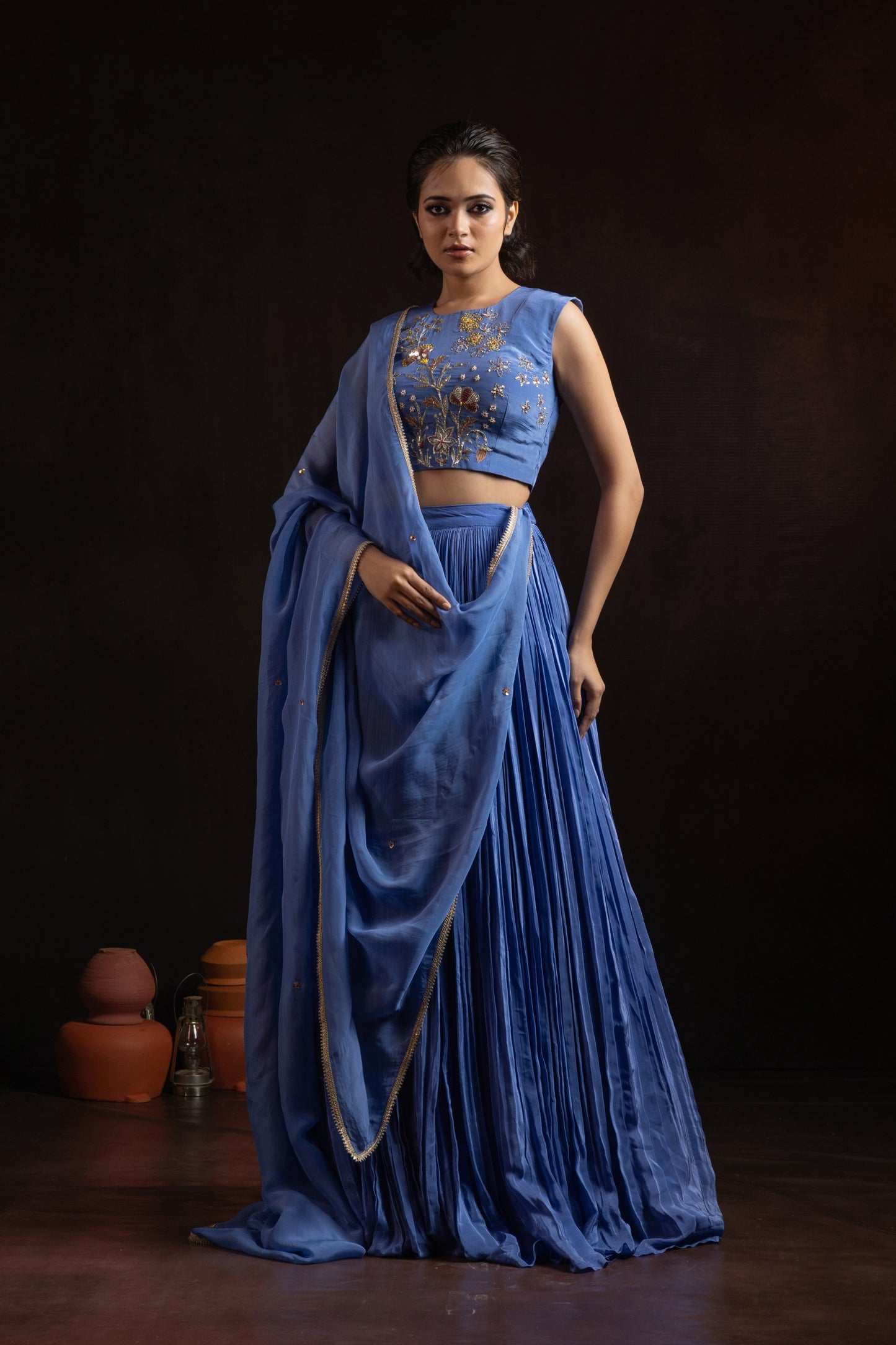 Cornflower Blue Crepe Pleated Lehenga Set — Hand-Embroidered Blouse with Organza Dupatta