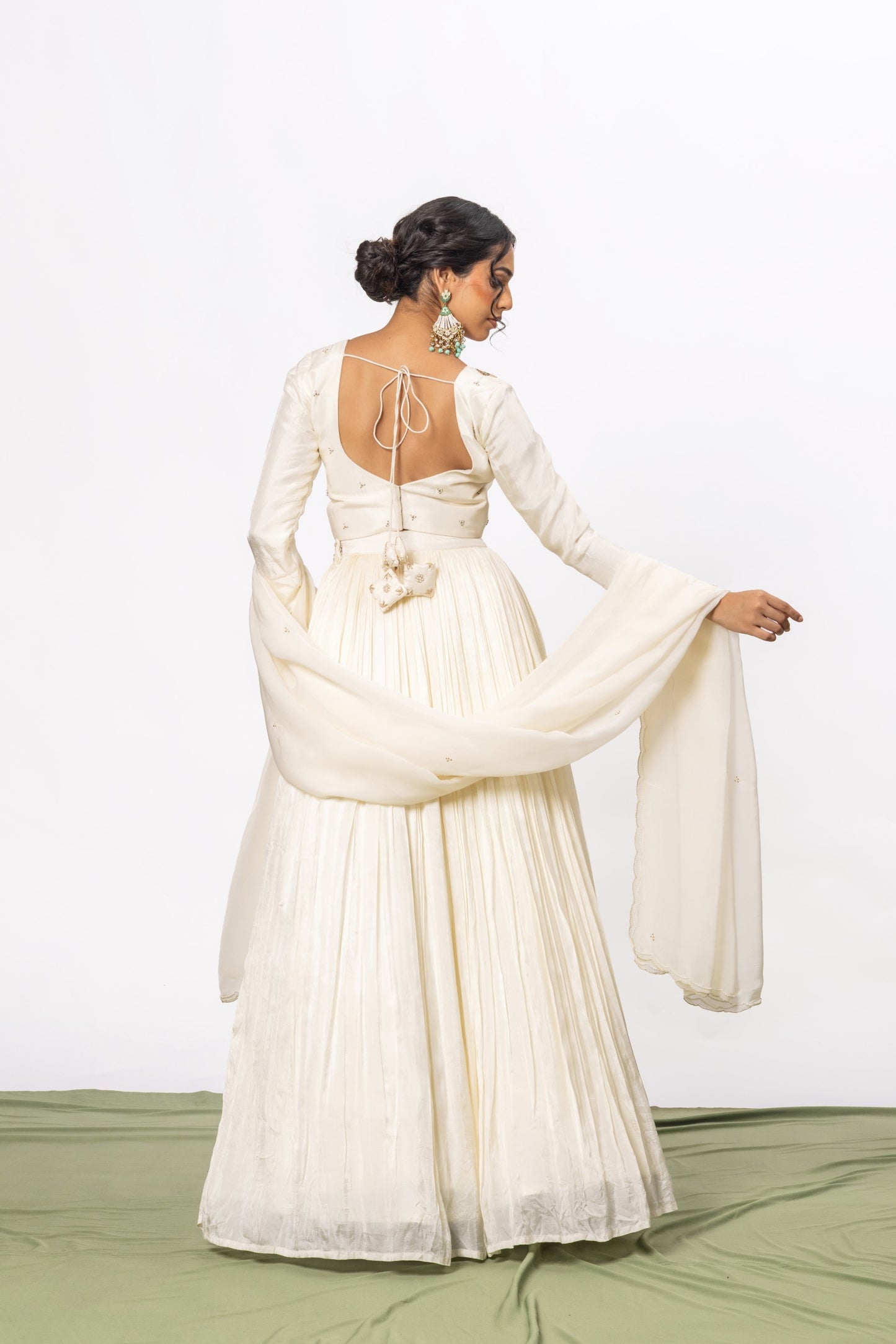 Sitarah Off-White Pleated Lehenga Set — Pearl, Bead & Tikki Handwork with Scalloped Organza Dupatta
