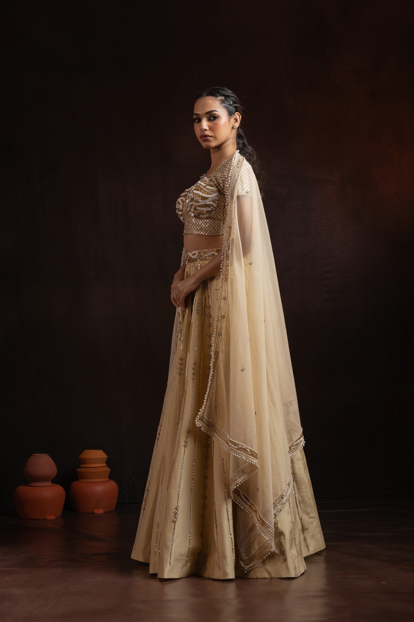 Champagne Gold Tissue Lehenga Set — Heavy Pearl & Cutdana Handwork with Corset Blouse