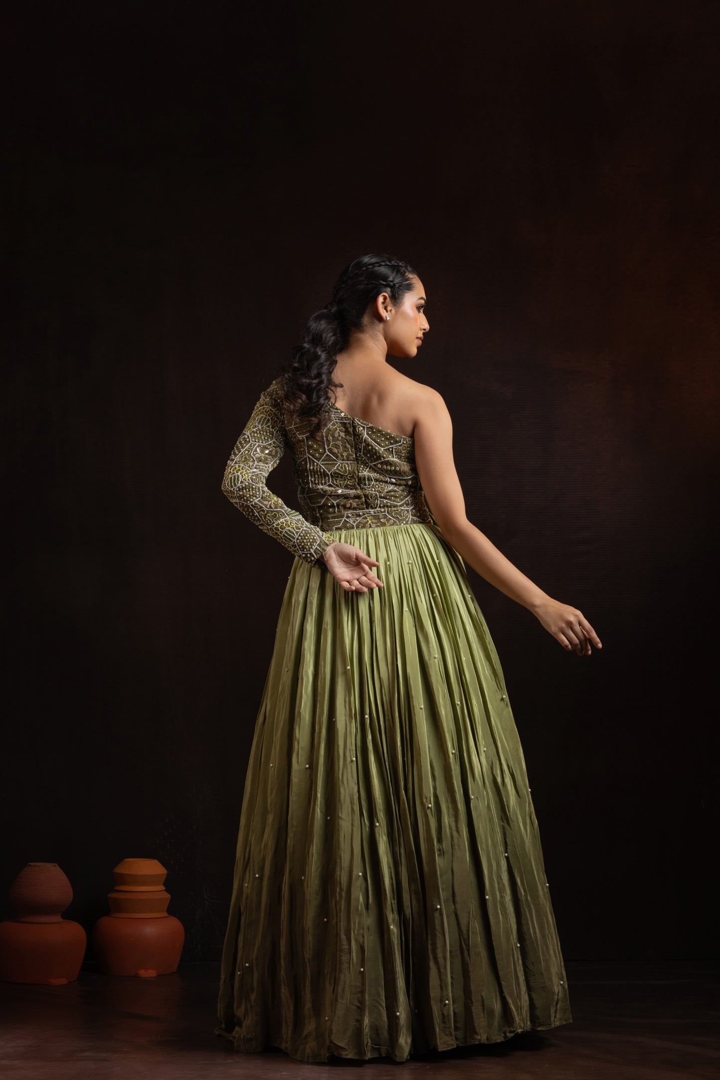 Shaded Green Crepe Pleated Skirt Set — One-Shoulder Blouse with Attached Dupatta