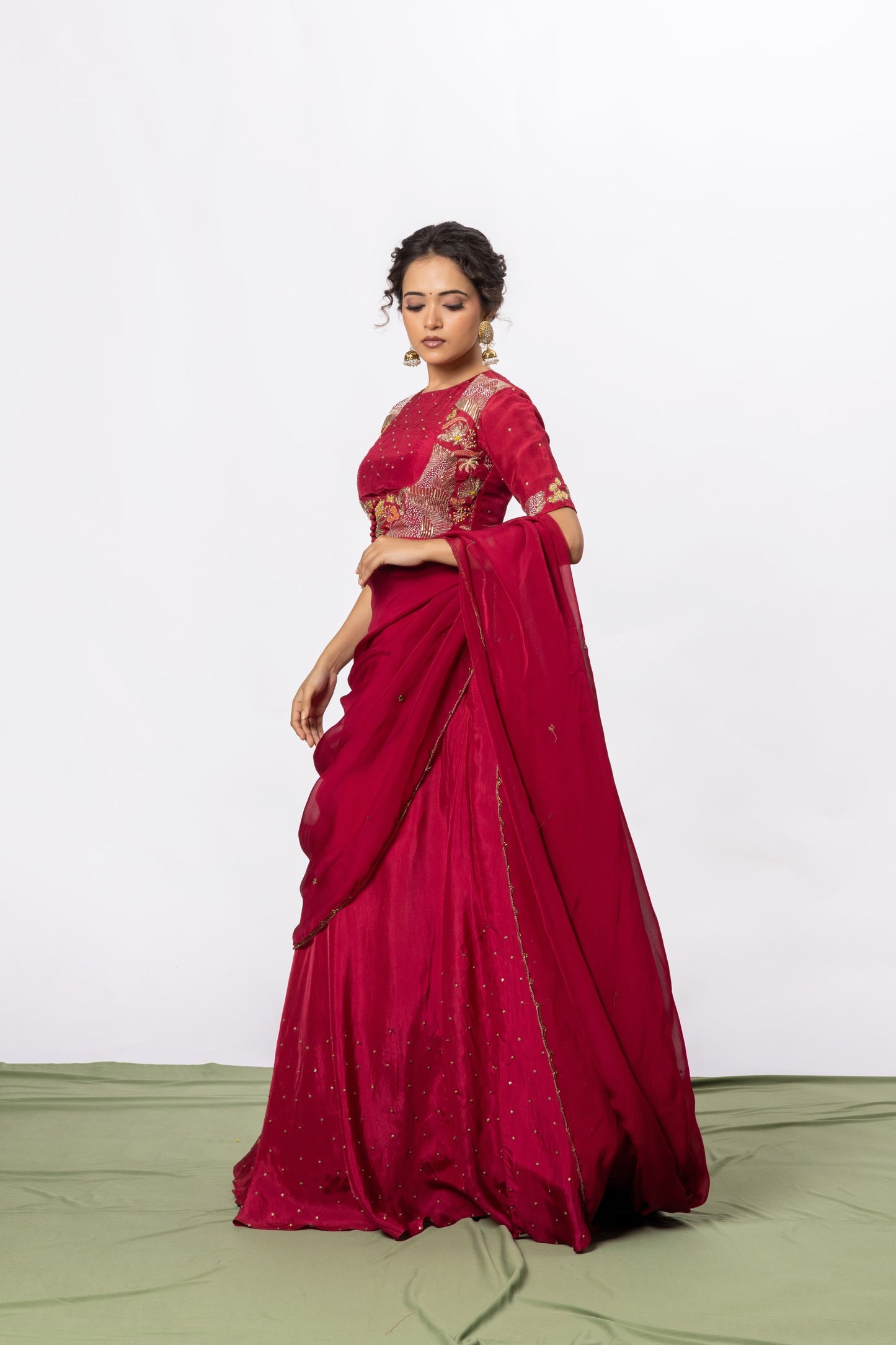 Sitarah Ruby Red Silk Draped Lehenga Set — Zardozi Pitta Panelled Blouse with Scalloped Organza Dupatta
