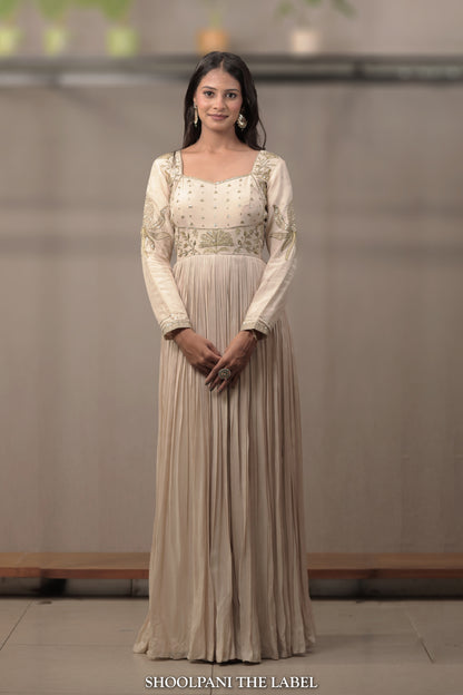 Vasant: Lotus Ivory Embroidered Anarkali Set with Organza Silk Dupatta