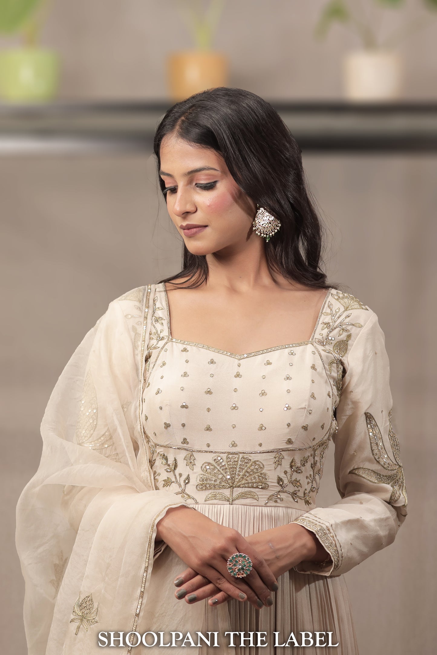 Vasant: Lotus Ivory Embroidered Anarkali Set with Organza Silk Dupatta