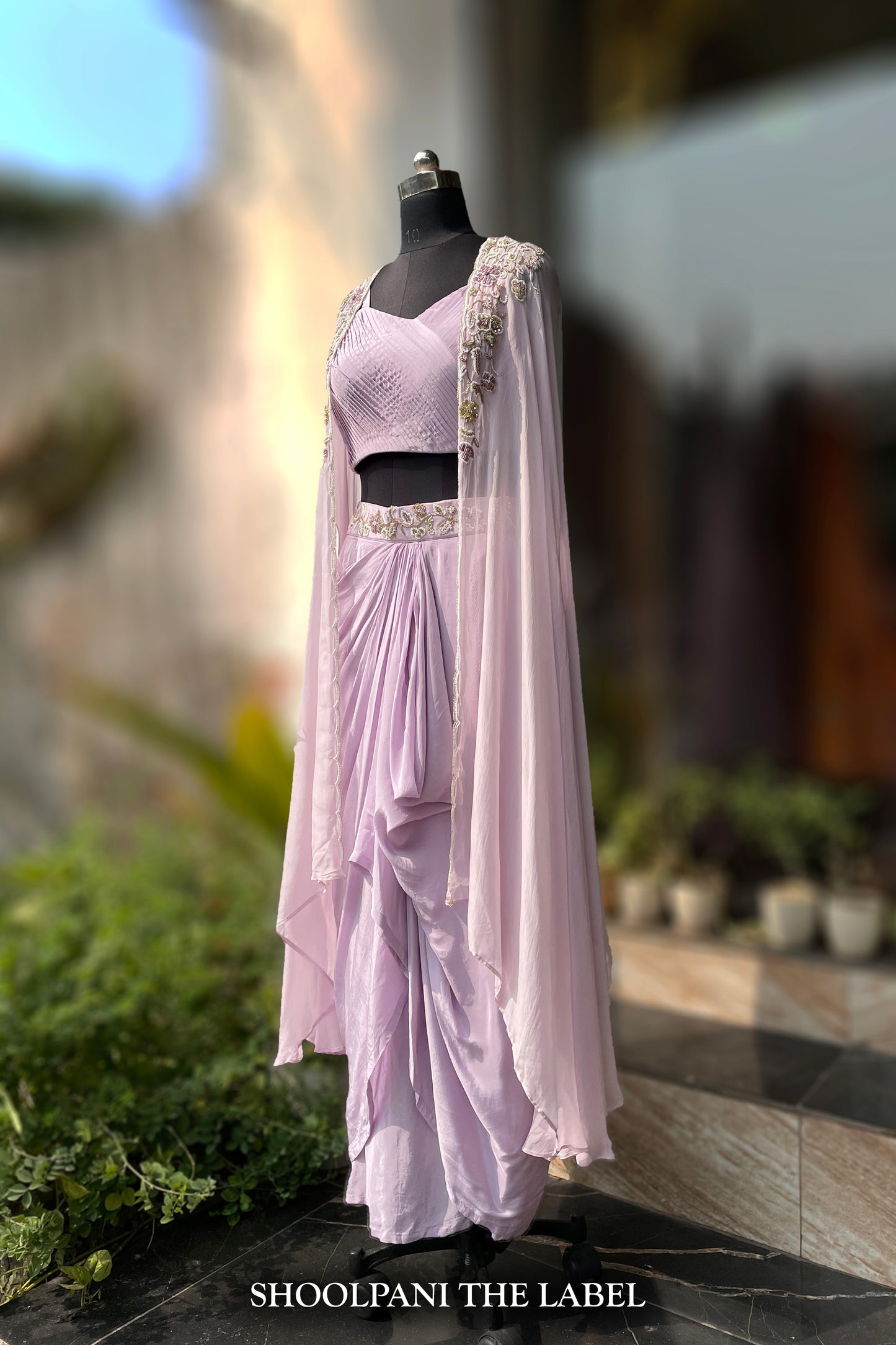 Lavender Ruffle Skirt Set with Pleated Tube Blouse & Handwork Shrug