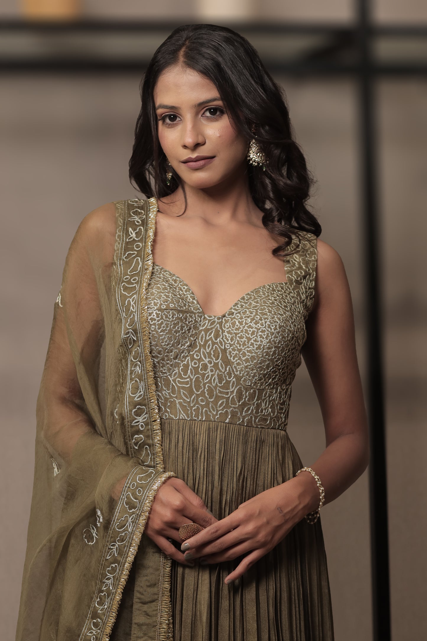 Olive Corset-Style Anarkali with Pure Organza Silk Dupatta