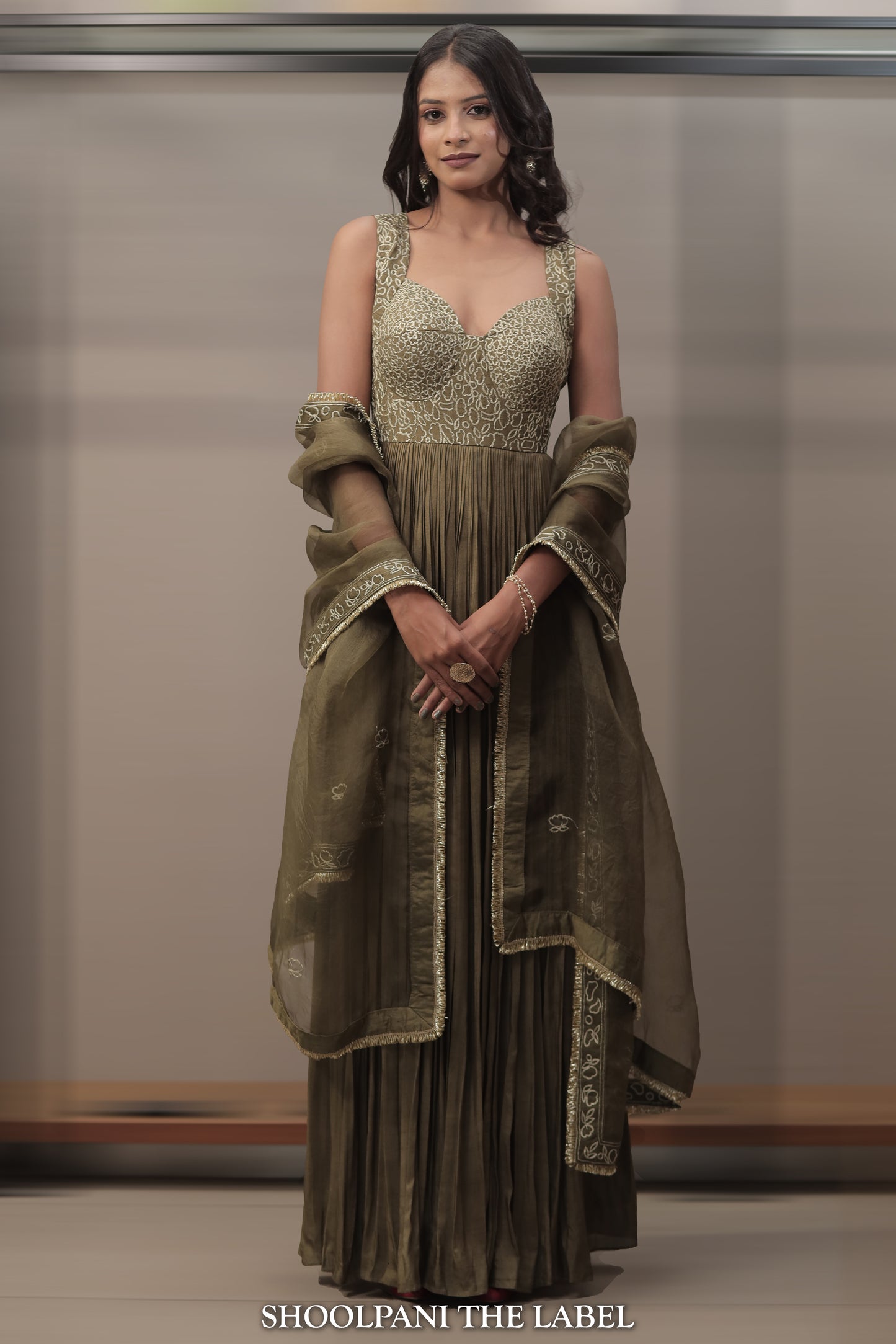 Olive Corset-Style Anarkali with Pure Organza Silk Dupatta