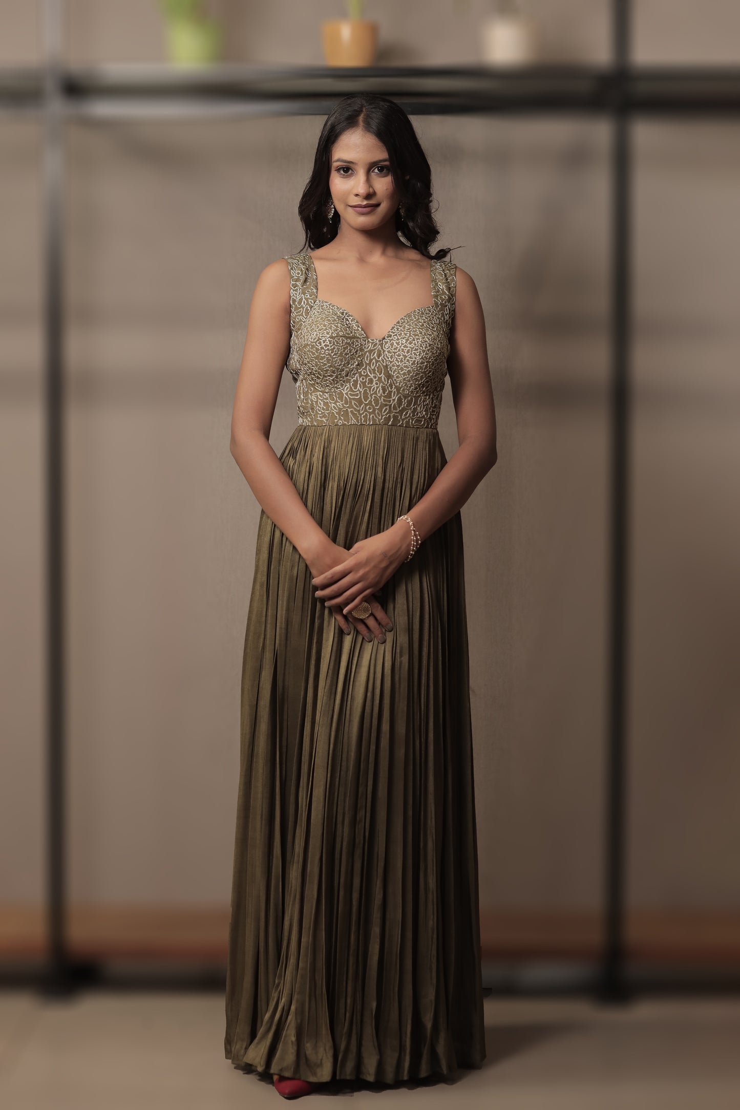 Olive Corset-Style Anarkali with Pure Organza Silk Dupatta