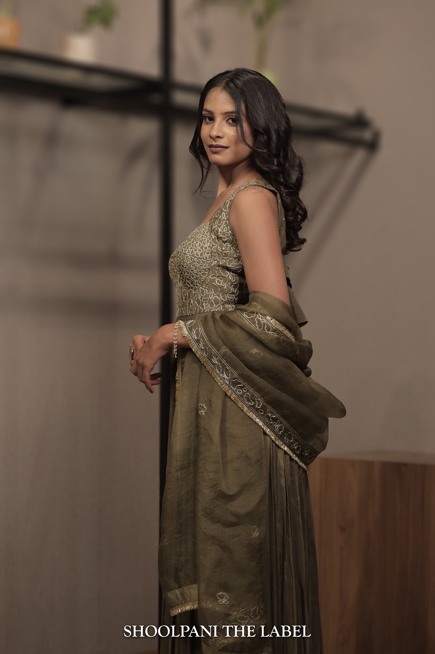 Olive Corset-Style Anarkali with Pure Organza Silk Dupatta