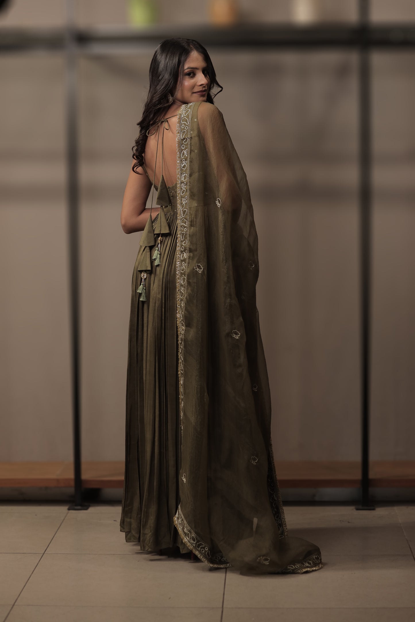 Olive Corset-Style Anarkali with Pure Organza Silk Dupatta