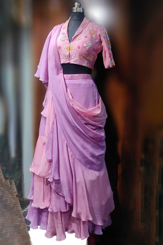 Shaded Pink Pre-Draped Ruffle Saree with Floral Embroidered Blouse