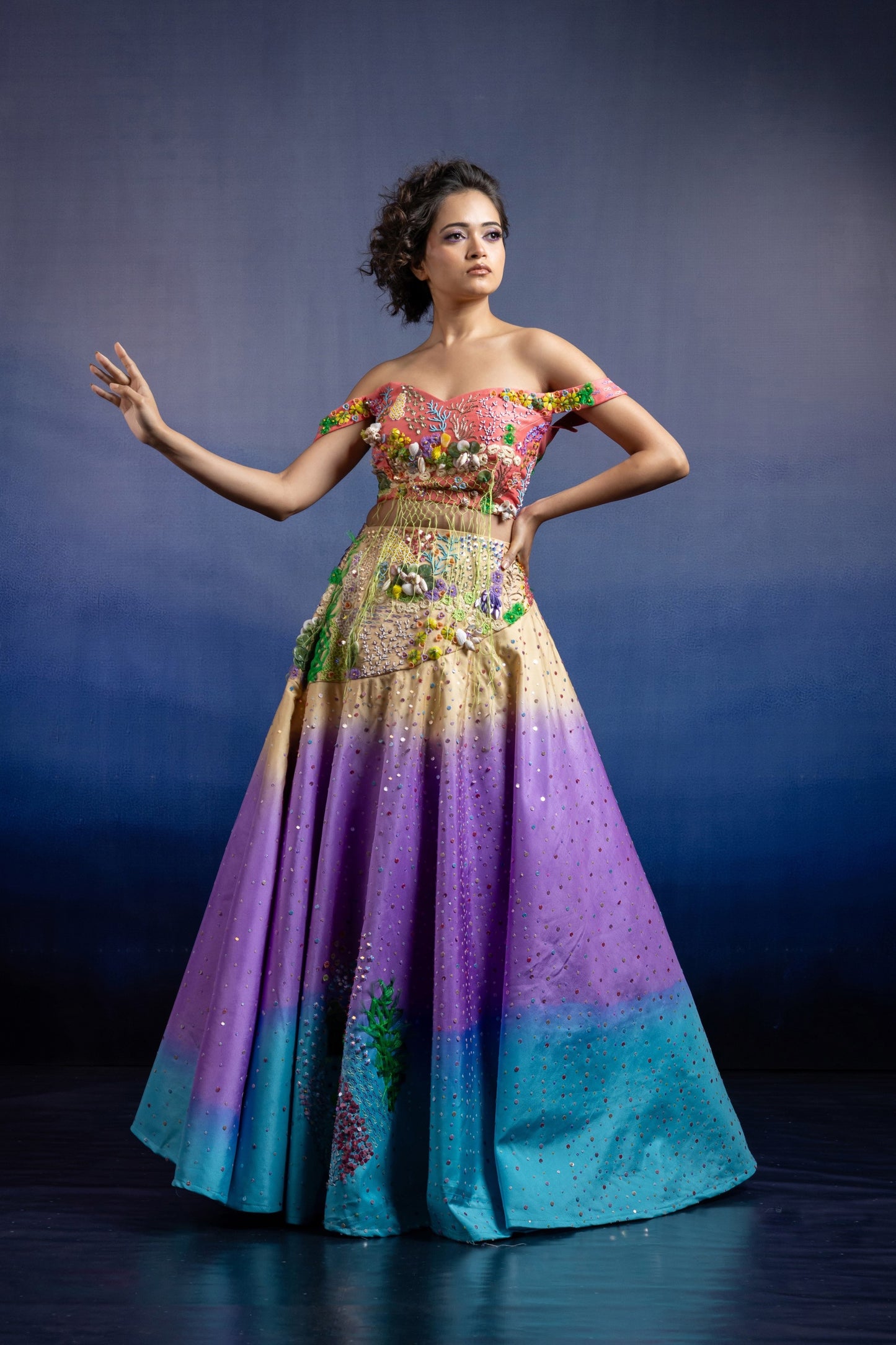 Neerah Tri-Tone Ombre Lehenga Set — Hand-Embroidered Drop-Shoulder Blouse & Shaded Flared Skirt