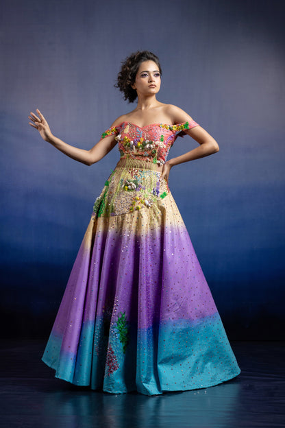 Neerah Tri-Tone Ombre Lehenga Set — Hand-Embroidered Drop-Shoulder Blouse & Shaded Flared Skirt