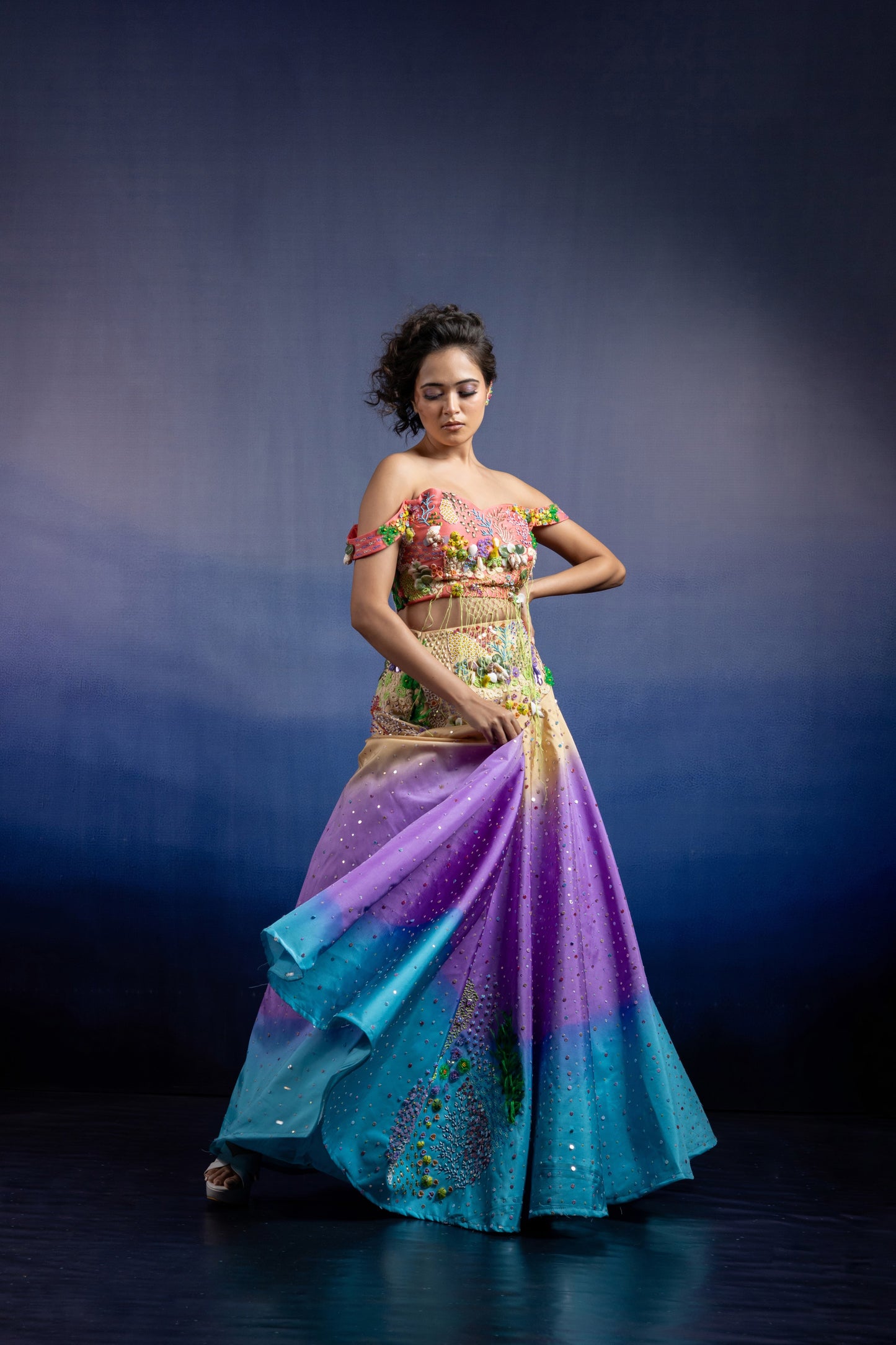 Neerah Tri-Tone Ombre Lehenga Set — Hand-Embroidered Drop-Shoulder Blouse & Shaded Flared Skirt