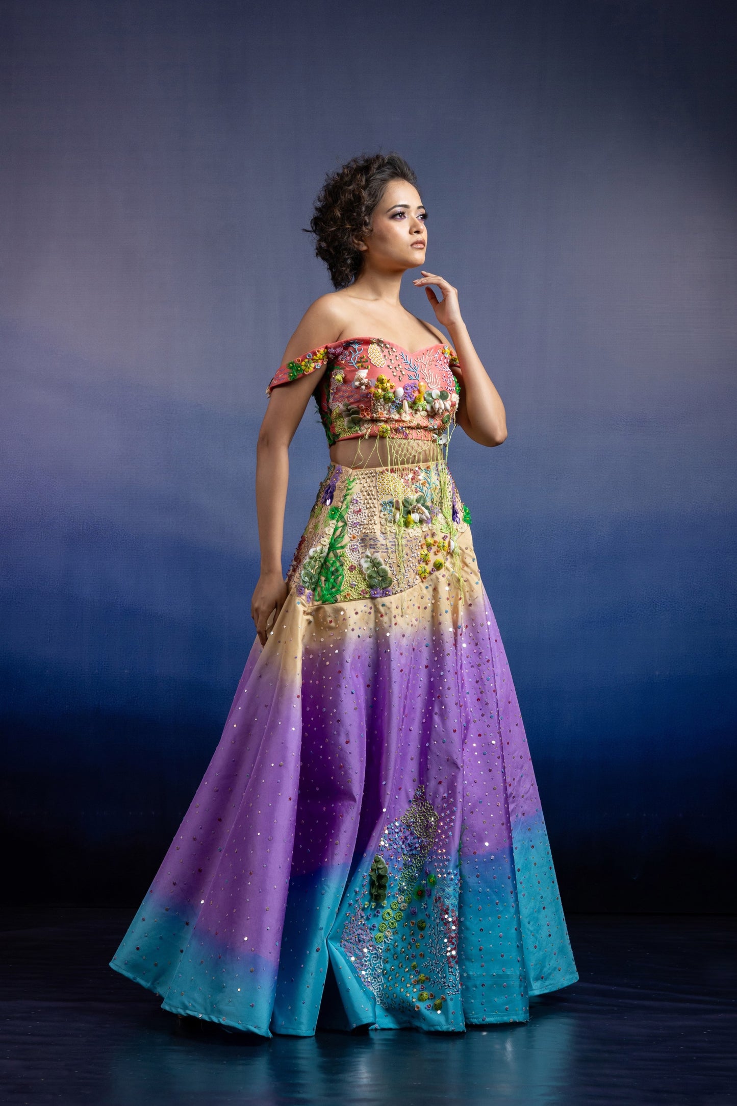 Neerah Tri-Tone Ombre Lehenga Set — Hand-Embroidered Drop-Shoulder Blouse & Shaded Flared Skirt