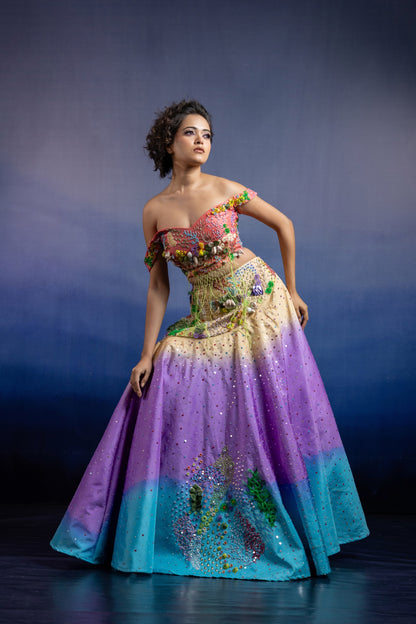 Neerah Tri-Tone Ombre Lehenga Set — Hand-Embroidered Drop-Shoulder Blouse & Shaded Flared Skirt