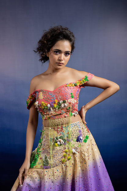 Neerah Tri-Tone Ombre Lehenga Set — Hand-Embroidered Drop-Shoulder Blouse & Shaded Flared Skirt