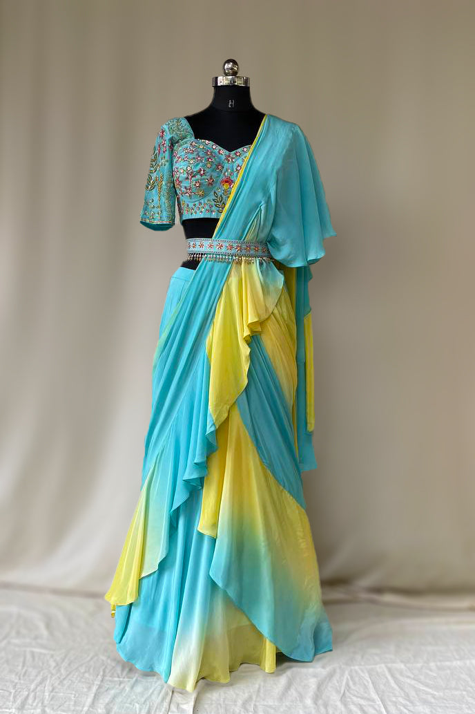 Aqua-Lime Ombre Ruffle Saree Set