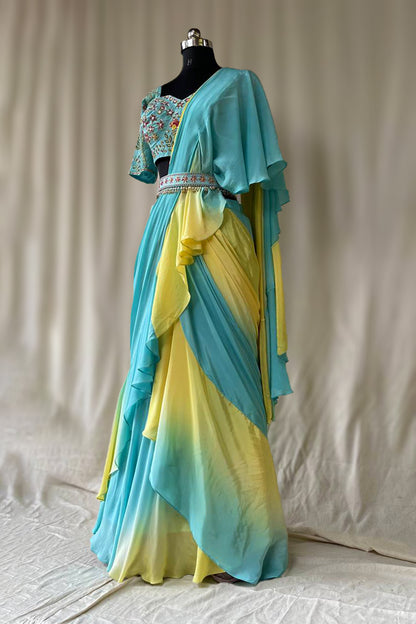 Aqua-Lime Ombre Ruffle Saree Set