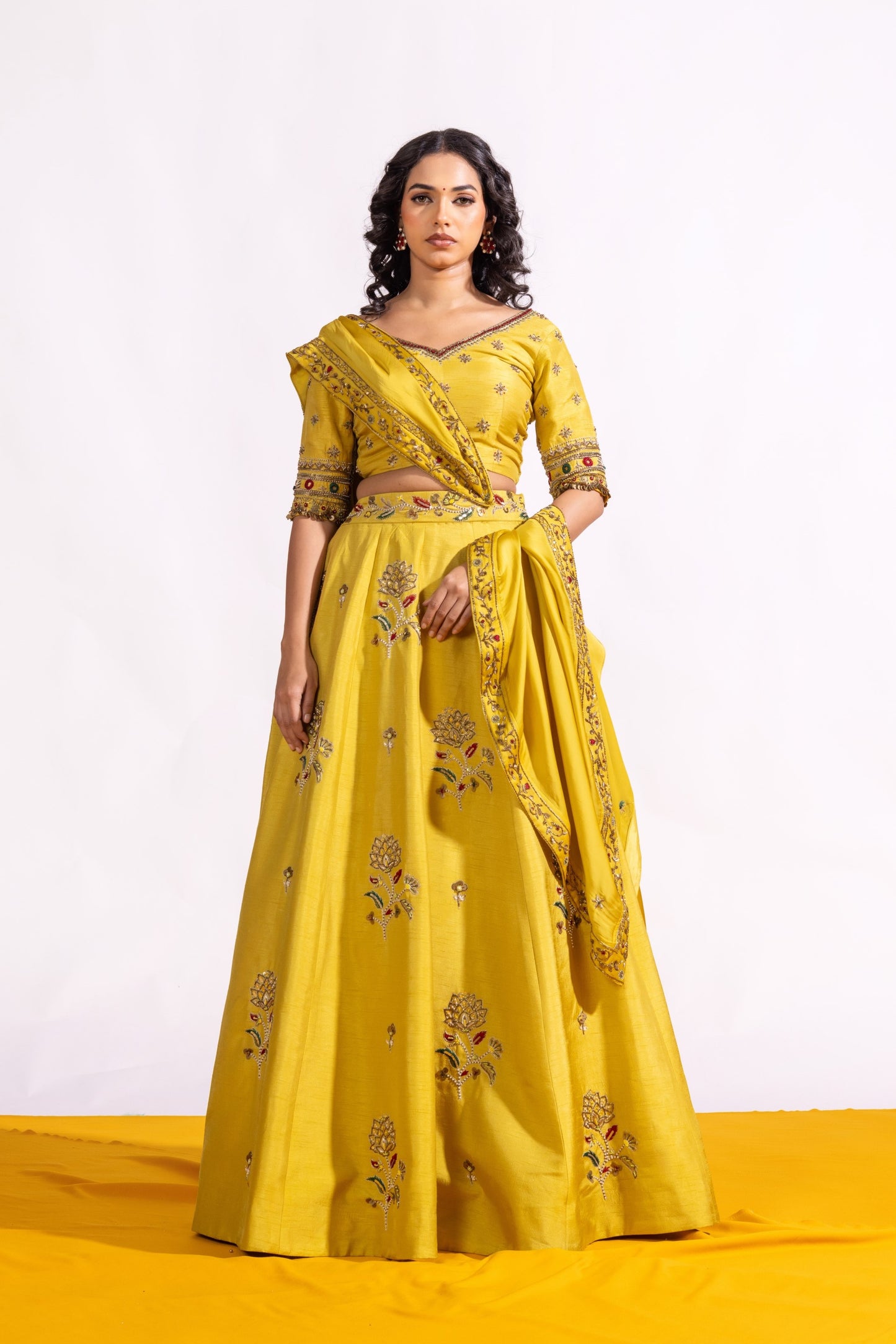 Sitarah Lime Green Raw Silk Lehenga Set — Hand-Embroidered