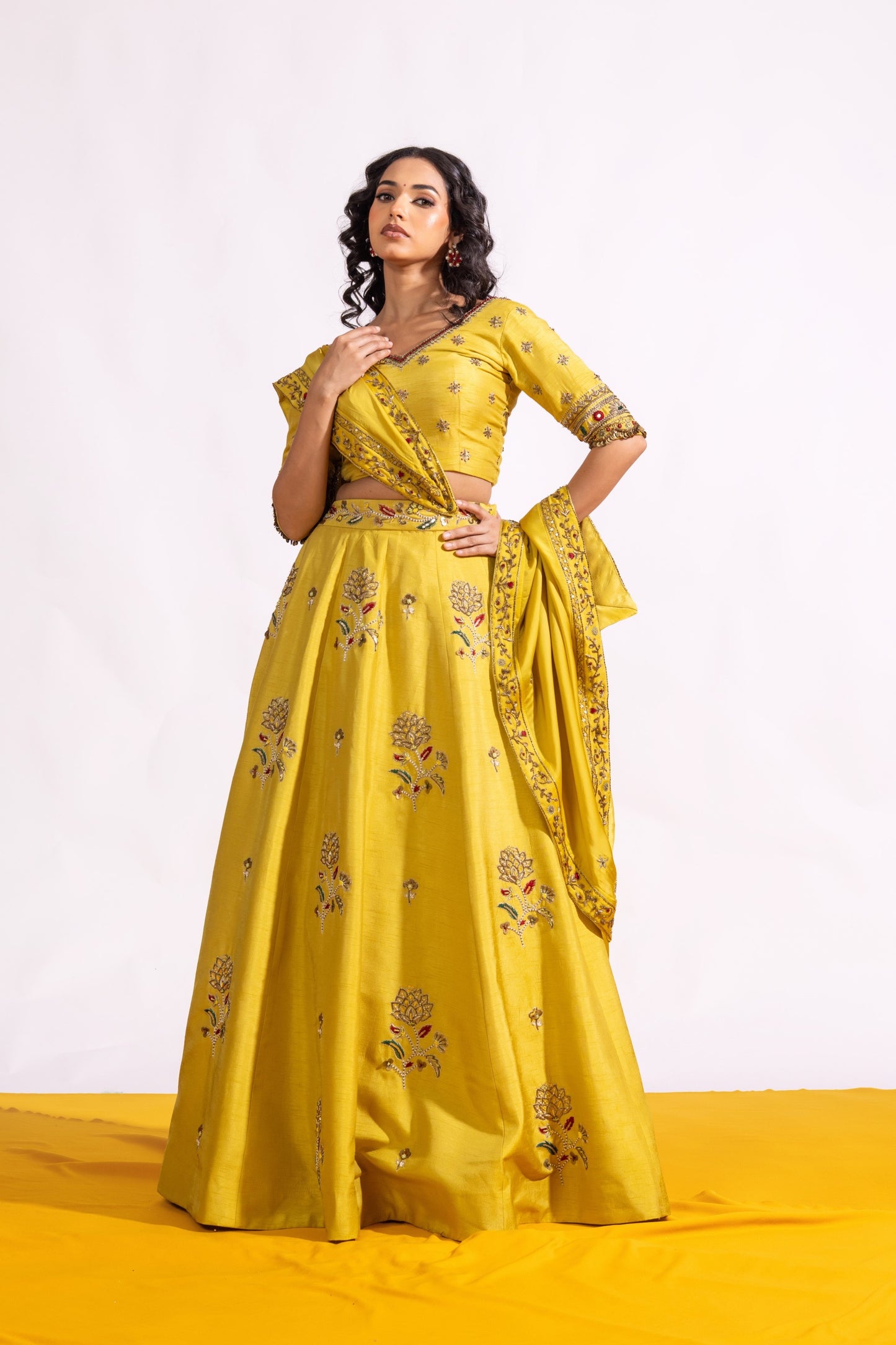 Sitarah Lime Green Raw Silk Lehenga Set — Hand-Embroidered