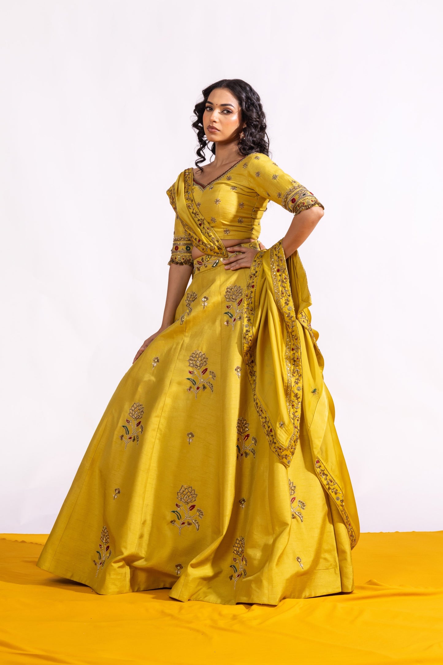 Sitarah Lime Green Raw Silk Lehenga Set — Hand-Embroidered