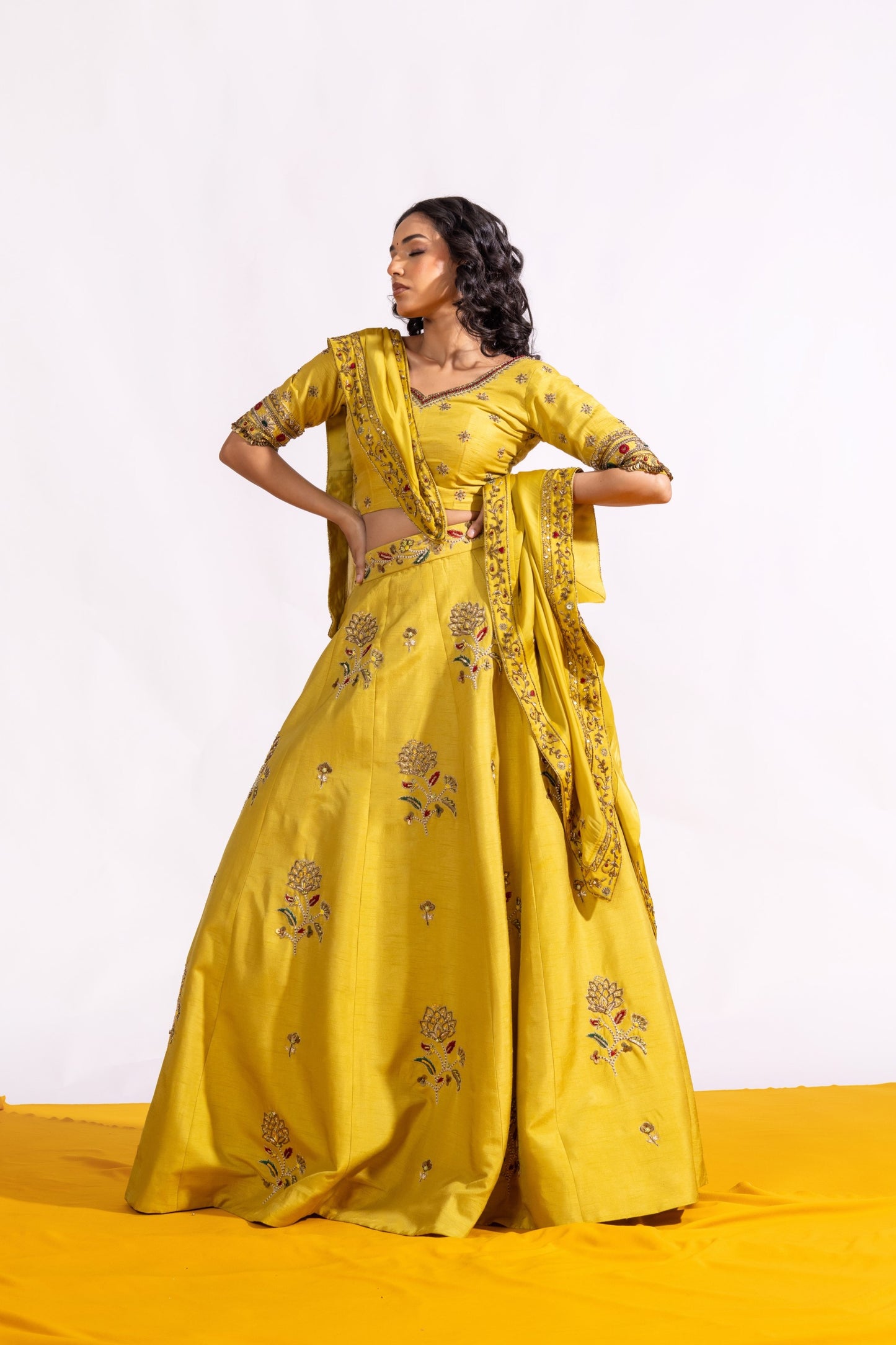 Sitarah Lime Green Raw Silk Lehenga Set — Hand-Embroidered