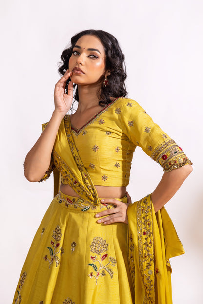 Sitarah Lime Green Raw Silk Lehenga Set — Hand-Embroidered