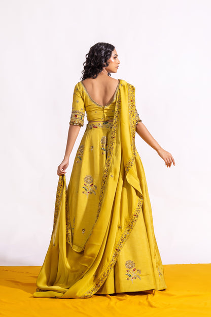 Sitarah Lime Green Raw Silk Lehenga Set — Hand-Embroidered