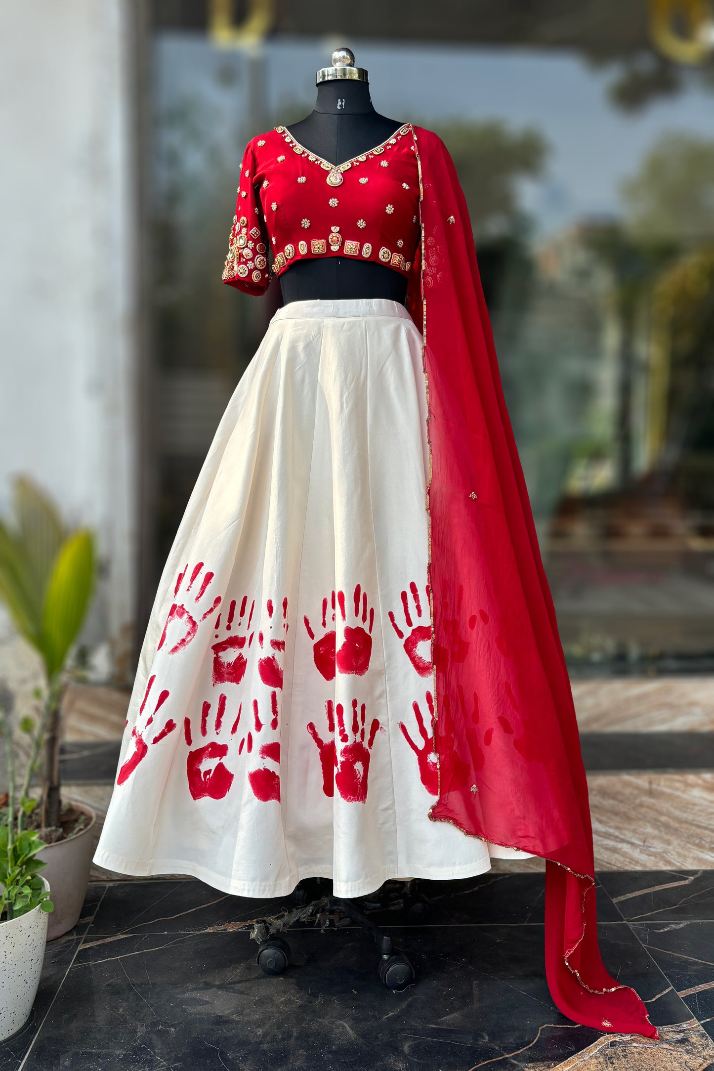 Hand imprint Lehenga with Jadau Jewelry Blouse