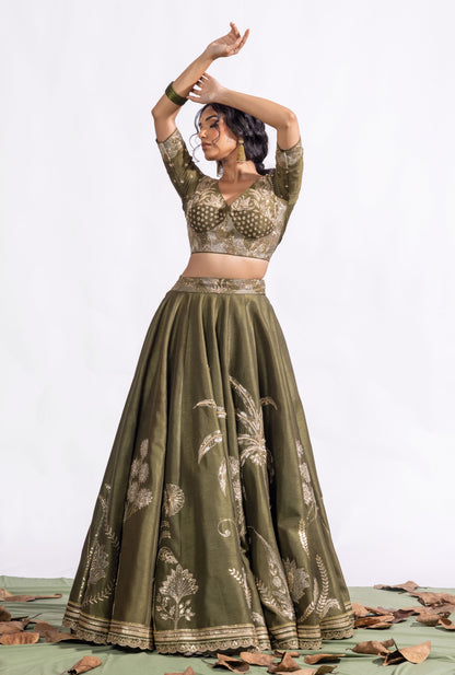 Shop Olive Green Zardozi Embroidered Silk Lehenga Set – Sitarah