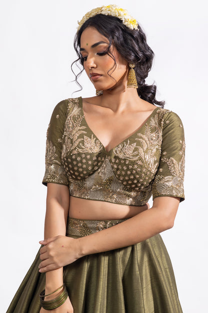 Shop Olive Green Zardozi Embroidered Silk Lehenga Set – Sitarah