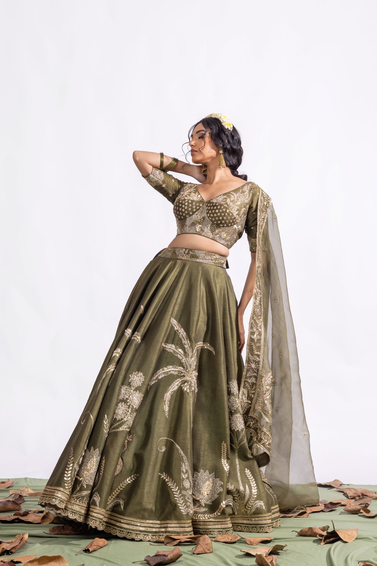 Shop Olive Green Zardozi Embroidered Silk Lehenga Set – Sitarah