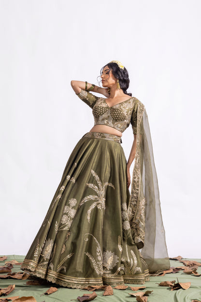 Shop Olive Green Zardozi Embroidered Silk Lehenga Set – Sitarah