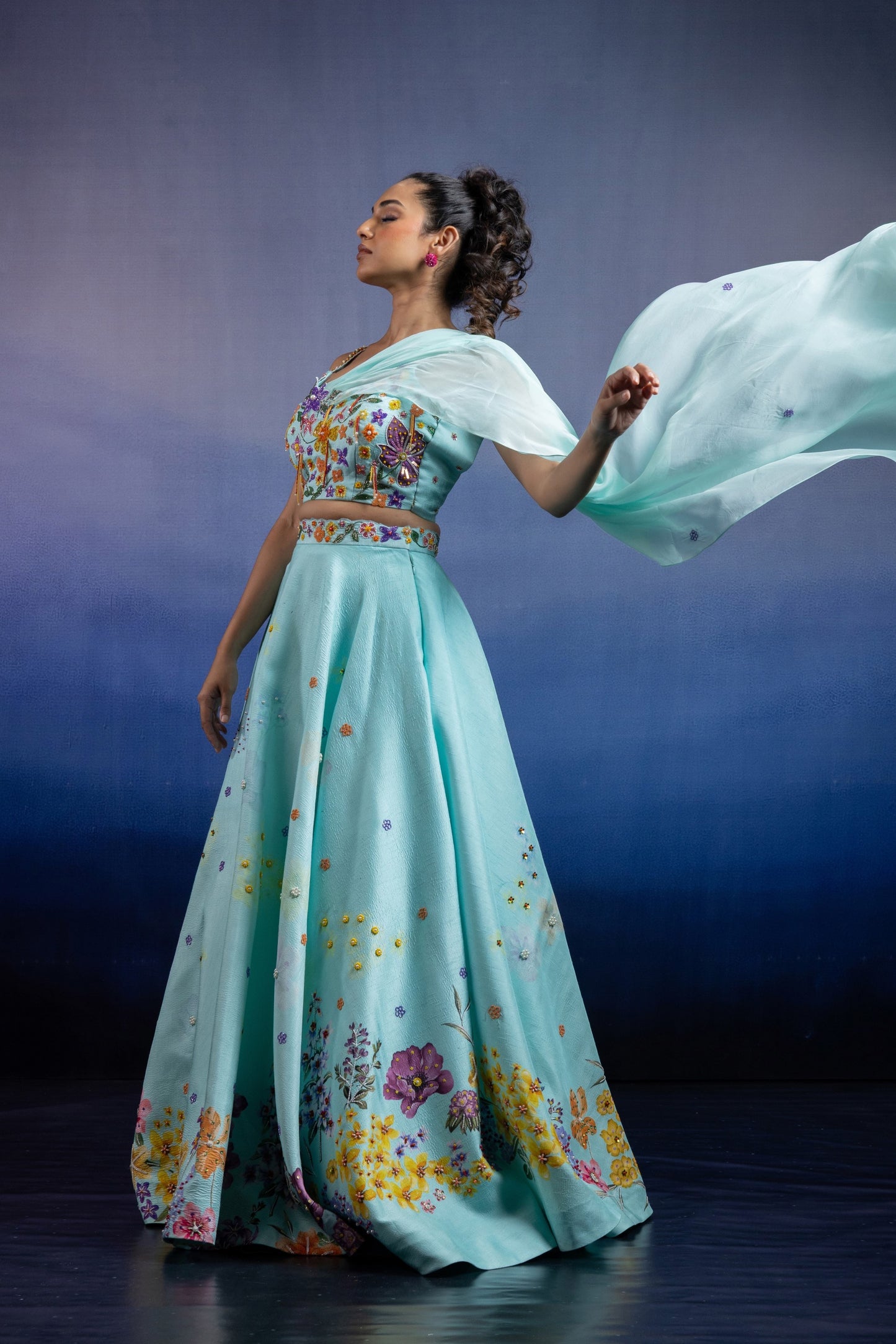 Aqua Silk Lehenga — Placed Floral Print with Hand Embroidery and Attached Dupatta