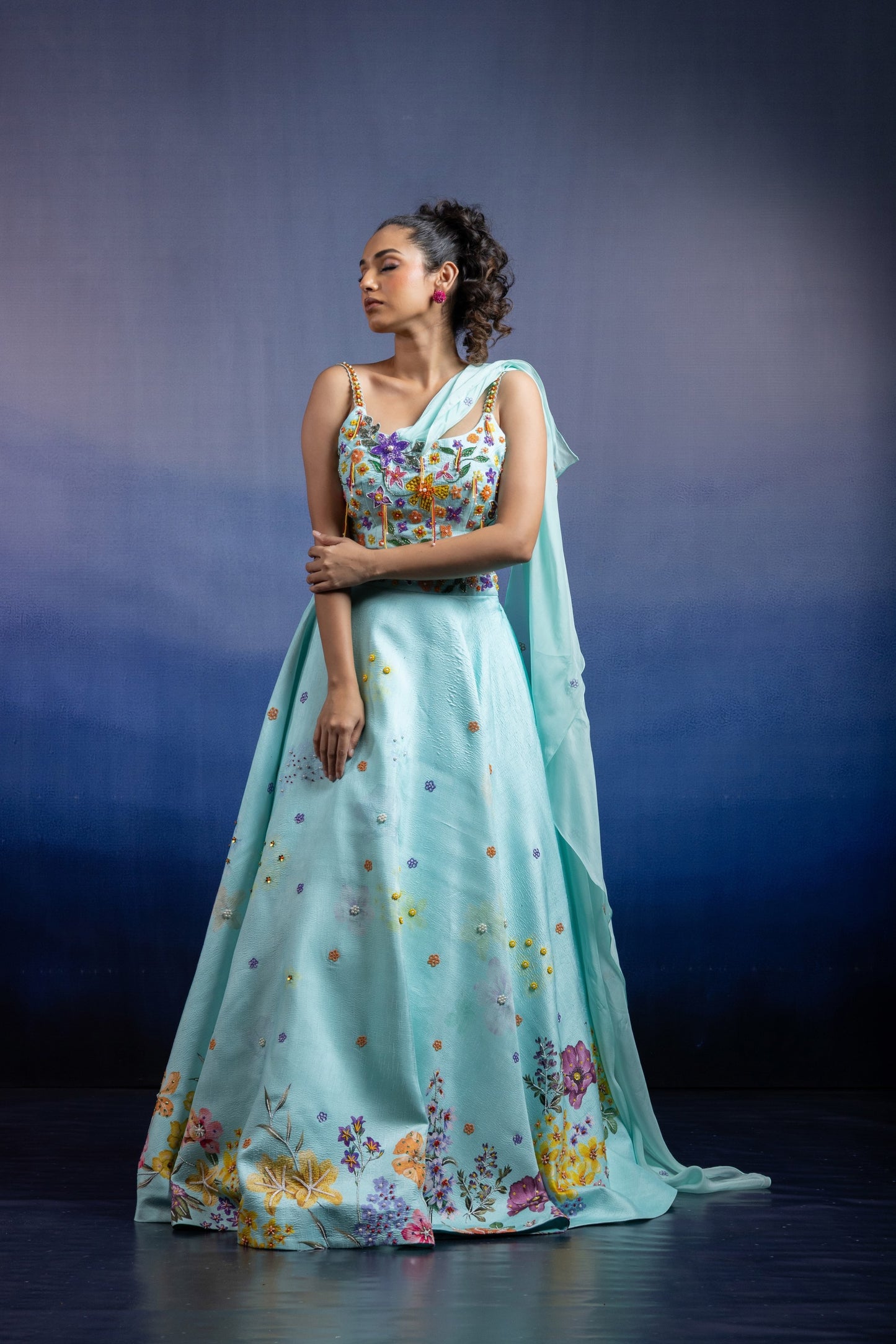 Aqua Silk Lehenga — Placed Floral Print with Hand Embroidery and Attached Dupatta