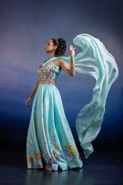 Aqua Silk Lehenga — Placed Floral Print with Hand Embroidery and Attached Dupatta