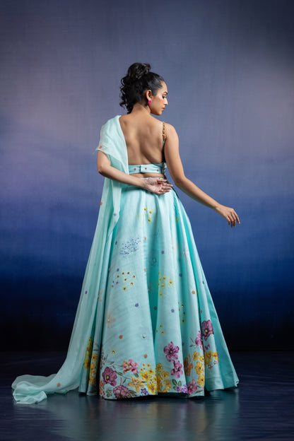 Aqua Silk Lehenga — Placed Floral Print with Hand Embroidery and Attached Dupatta