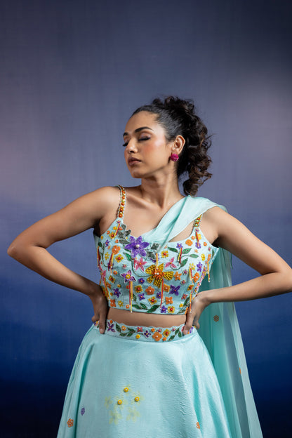Aqua Silk Lehenga — Placed Floral Print with Hand Embroidery and Attached Dupatta