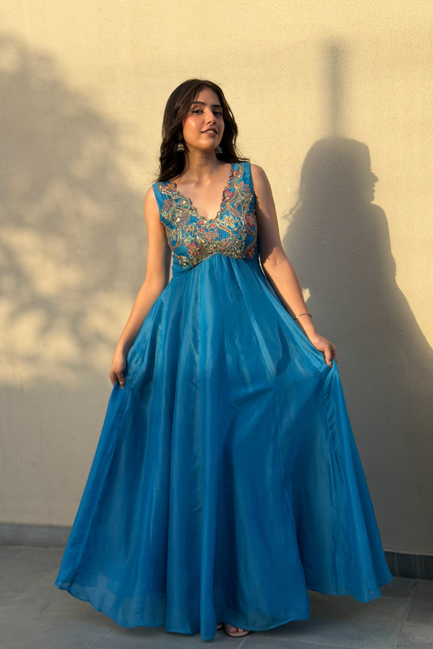 Aari Scalloped Anarkali Set — Zari Hand-Embroidered Habotai Silk & Organza Dupatta in Cerulean Blue