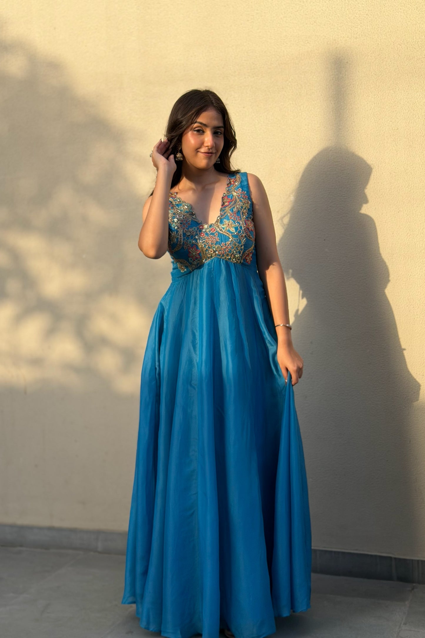 Aari Scalloped Anarkali Set — Zari Hand-Embroidered Habotai Silk & Organza Dupatta in Cerulean Blue