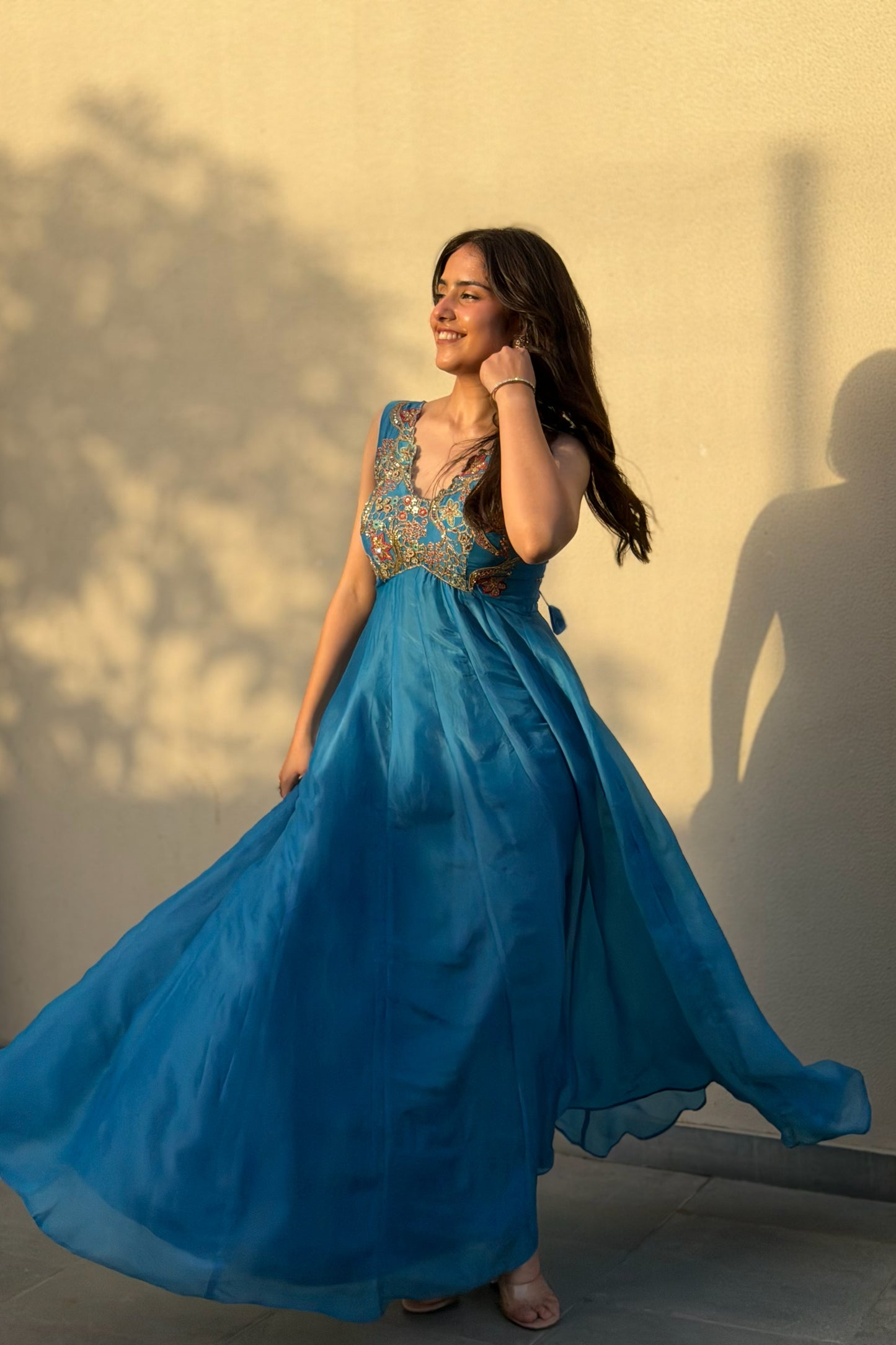 Aari Scalloped Anarkali Set — Zari Hand-Embroidered Habotai Silk & Organza Dupatta in Cerulean Blue