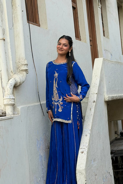Aari Medallion Kurti & Sharara Set — Zardozi & Pitta Hand-Embroidered Natural Crepe Three-Piece Suit in Cobalt Blue