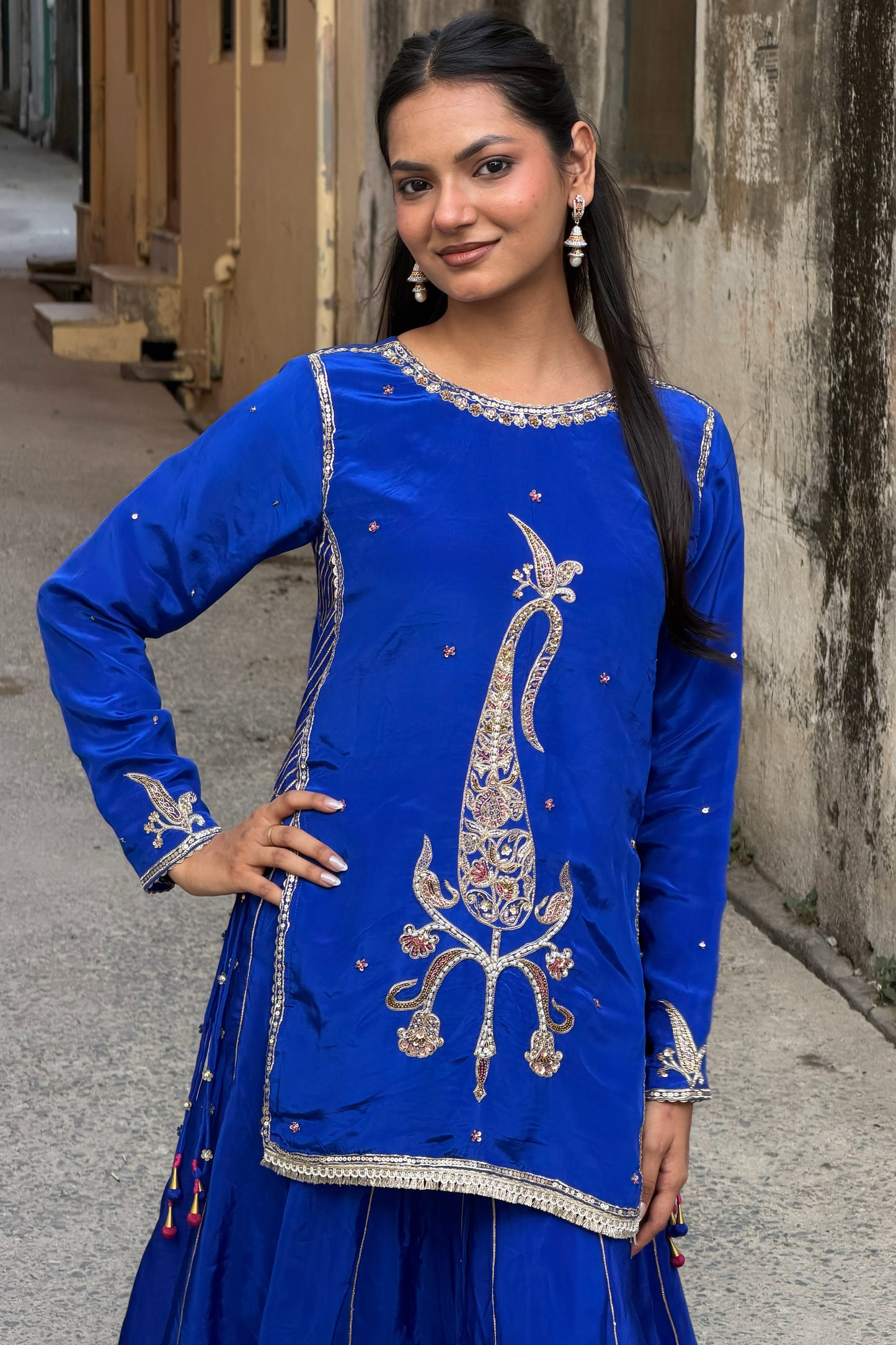 Aari Medallion Kurti & Sharara Set — Zardozi & Pitta Hand-Embroidered Natural Crepe Three-Piece Suit in Cobalt Blue